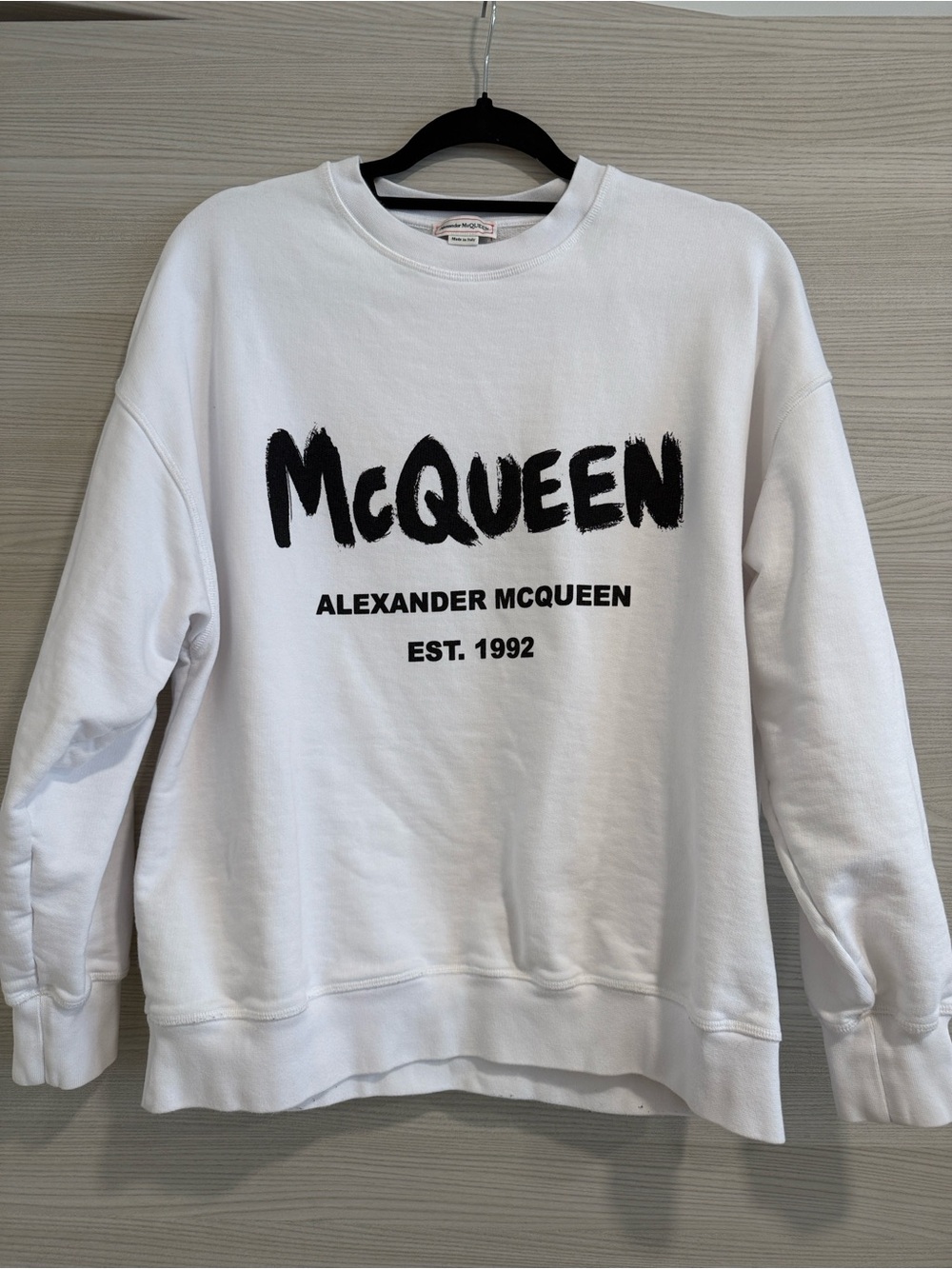 Alexander McQueen White Crewneck with Black Brushstroke Logo